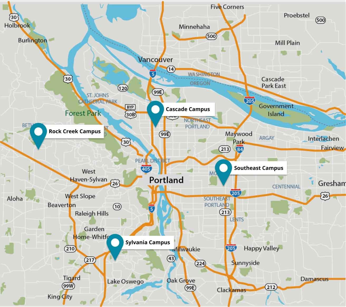 Portland map with PCC campuses marked